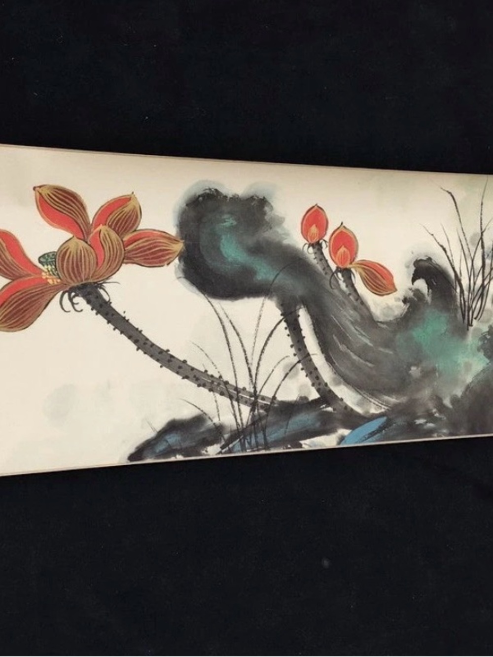 86in Chinese Old Long Painting Rice Paper Scrolls lotus 莲池红妆 By Zhang Daqian 张大千